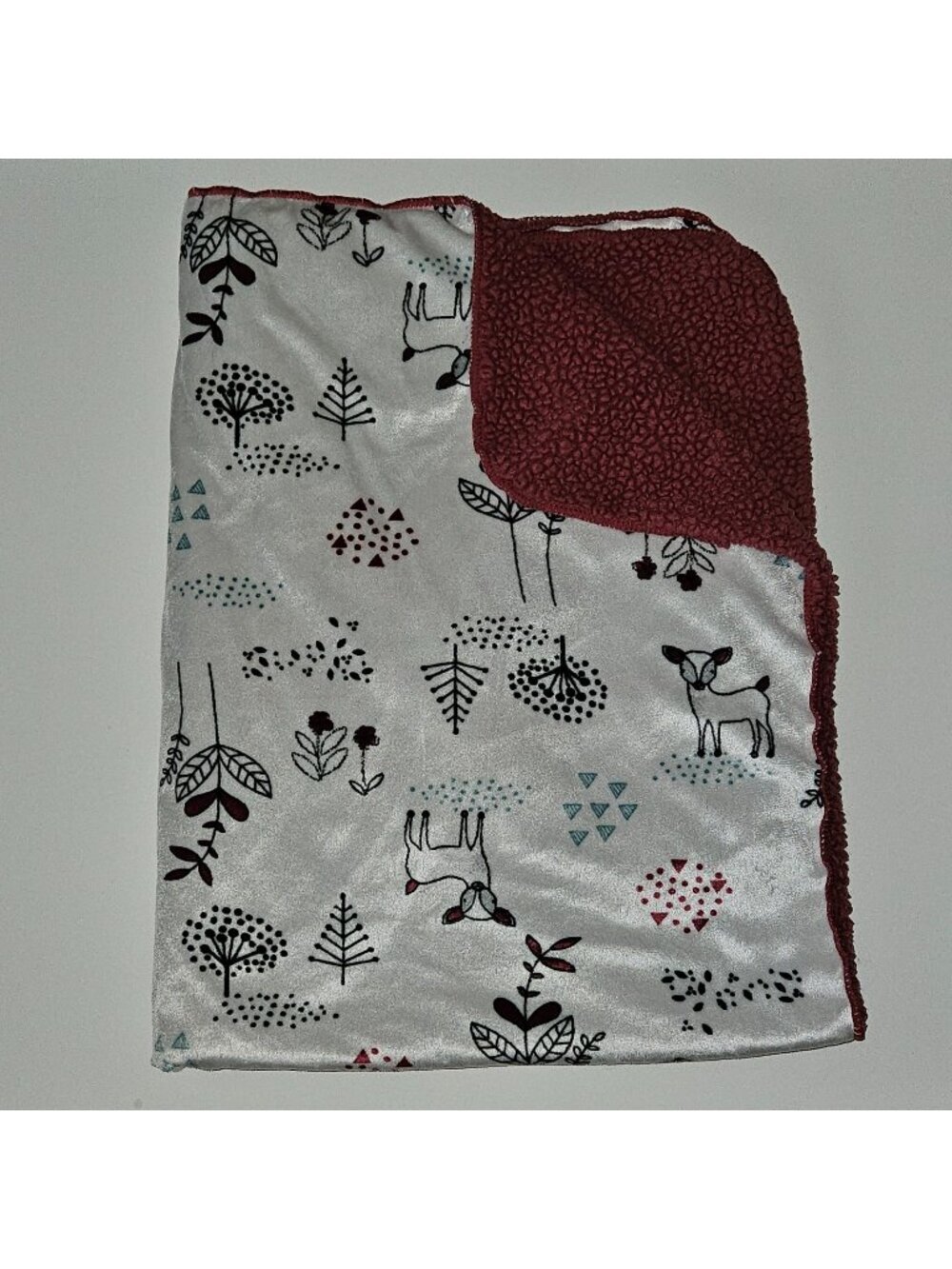 Chick Pea Fleece Sherpa Baby Blanket White Raspberry Woodland Deer Leaves
